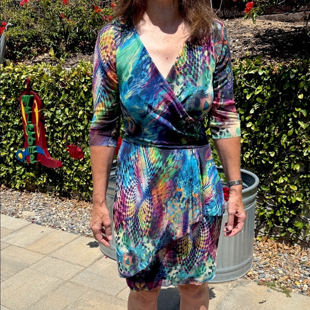 Elana Kattan abstract print vibrant v-neck dress